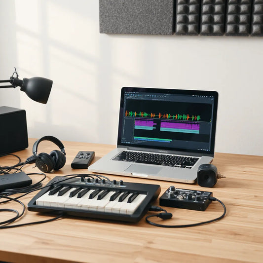 Studio desk with laptop DAW, MIDI keyboard, audio interface, and headphones for music production resources
