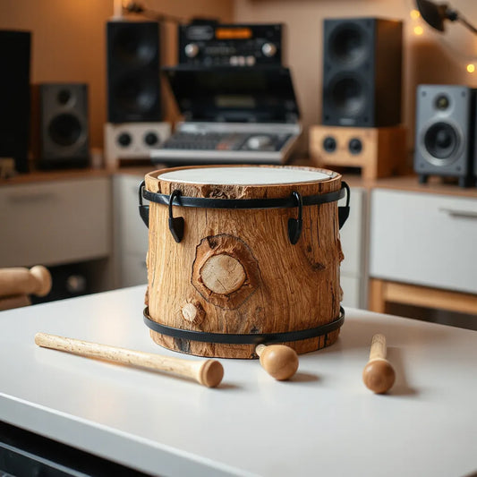 Wooden log drum and mallets on a studio desk with soft blurred audio gear in the background