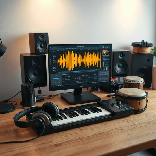 Music workstation showing drum loop patterns with headphones and small percussion instruments on a studio desk