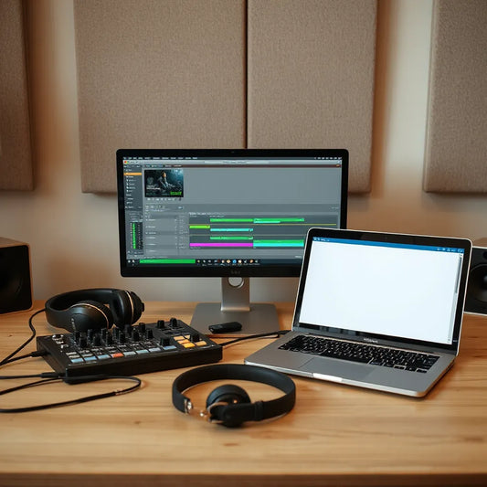 Laptop music session with studio headphones and sample folders for beat-making