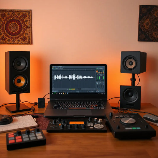 Music producer adjusting levels on a laptop in a warm studio, with monitors and mixer controls visible