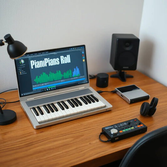 MIDI keyboard and laptop with a piano-roll editor in a clean music production studio setup