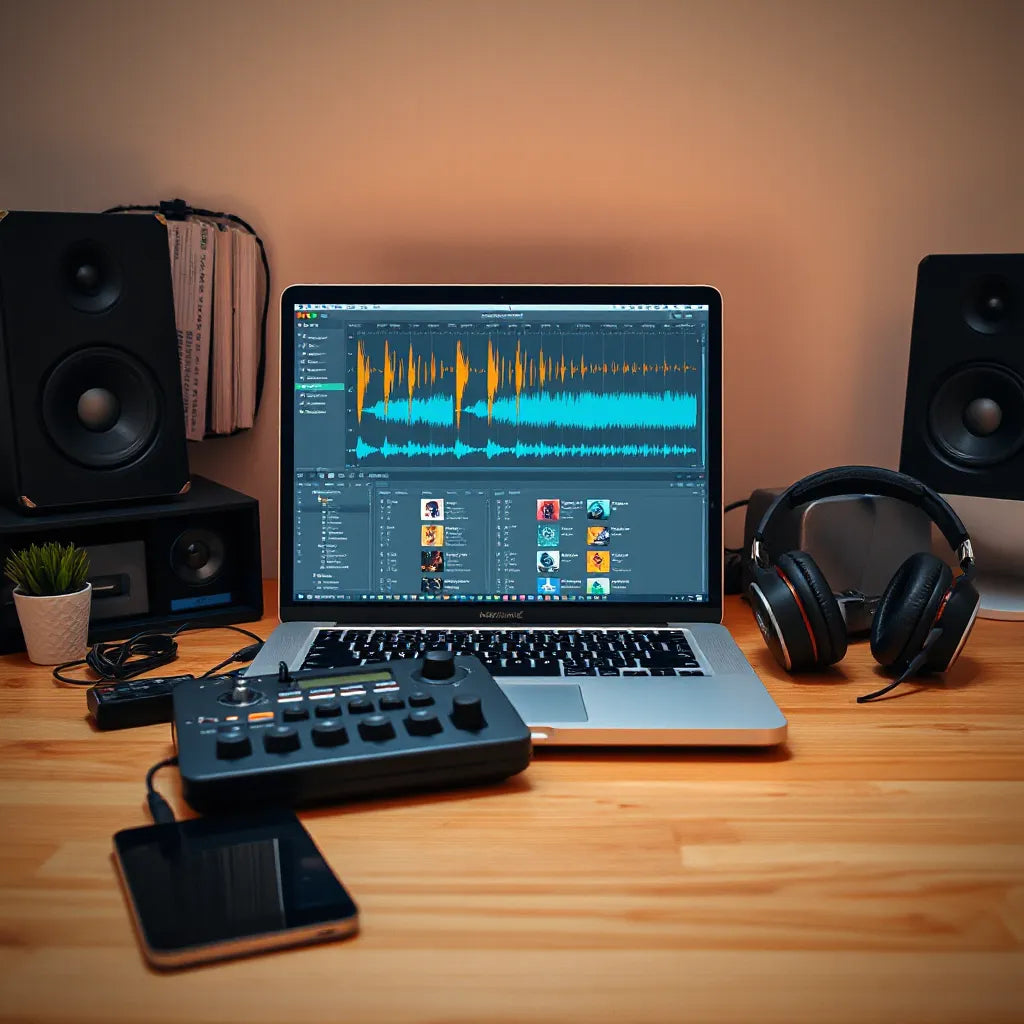 Laptop and audio gear in a studio setup with waveform visuals for faster track building.