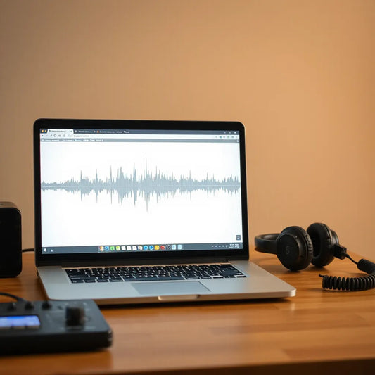 Studio desk with laptop showing MIDI drum grid, headphones, and abstract waveform lines for Afrobeats rhythm production