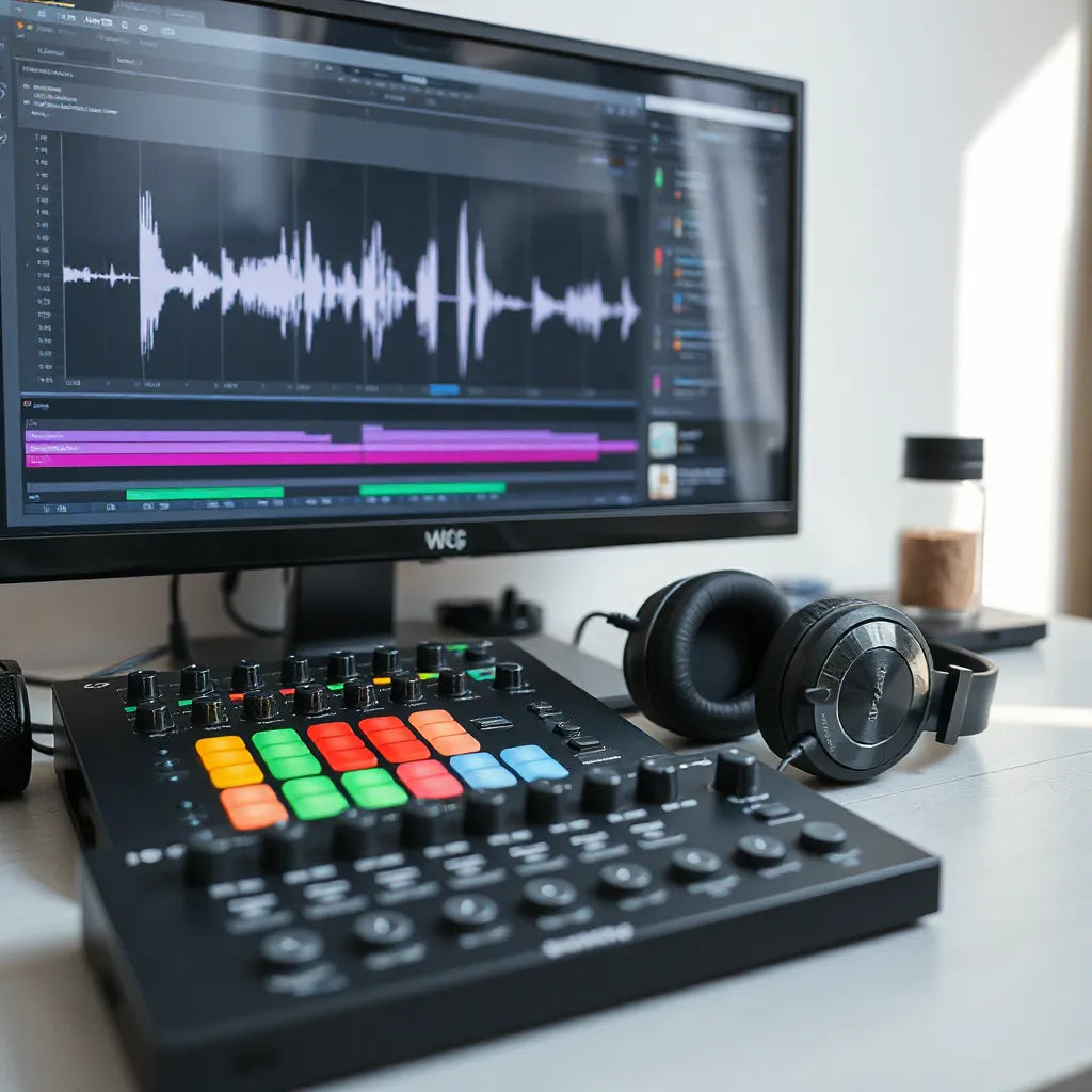 Organized drum track stems on a music production screen with headphones and a MIDI controller