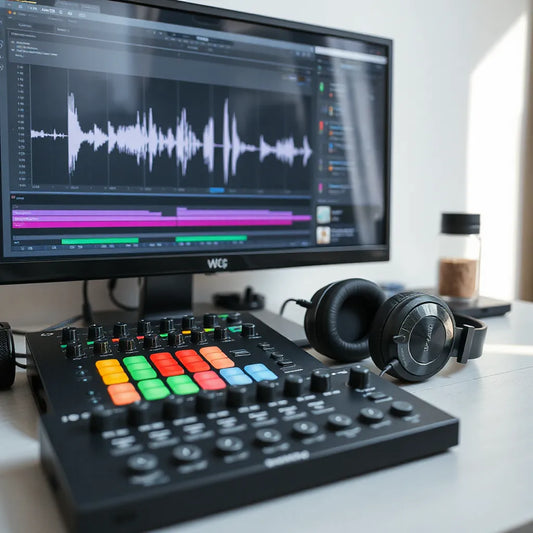 Organized drum track stems on a music production screen with headphones and a MIDI controller