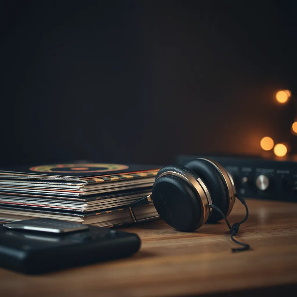 Studio headphones on a desk next to audio gear and record sleeves in warm lighting