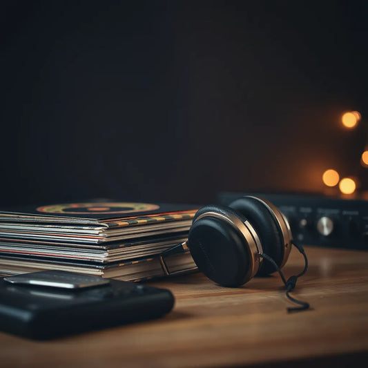 Studio headphones on a desk next to audio gear and record sleeves in warm lighting
