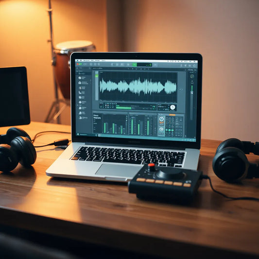 Studio desk with headphones and laptop displaying a music plugin interface for crafting afrobeats beats