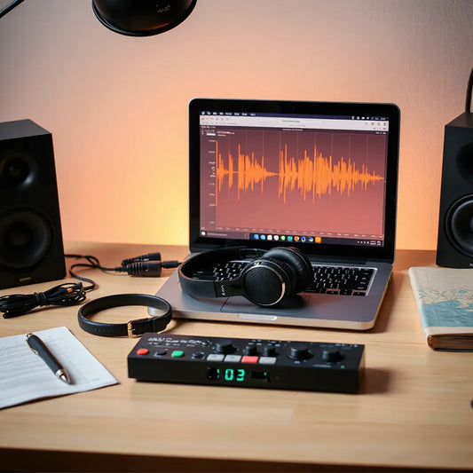 Headphones and MIDI controller beside a laptop displaying an audio waveform in a music studio