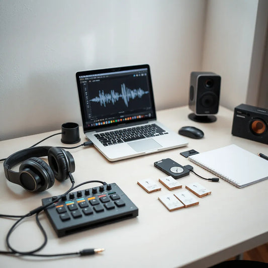 Studio desk with headphones and a laptop showing an audio waveform for one-shot sample selection