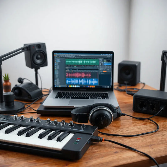 Laptop studio setup with headphones and MIDI keyboard for creating music