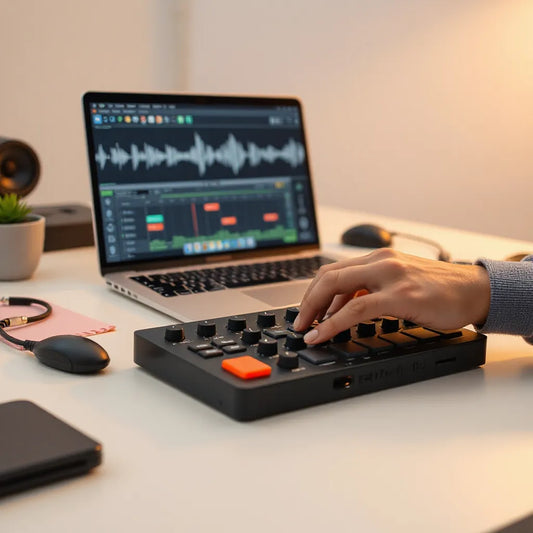 Hands adjusting a MIDI controller while a laptop shows a beat grid for tighter rhythm grooves