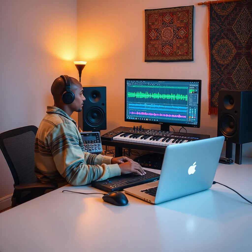 Music producer in a home studio mixing an afropop track with headphones, drum pads, and a laptop