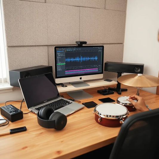 Producer workstation with drum machine and pads ready for creating distinctive drum patterns