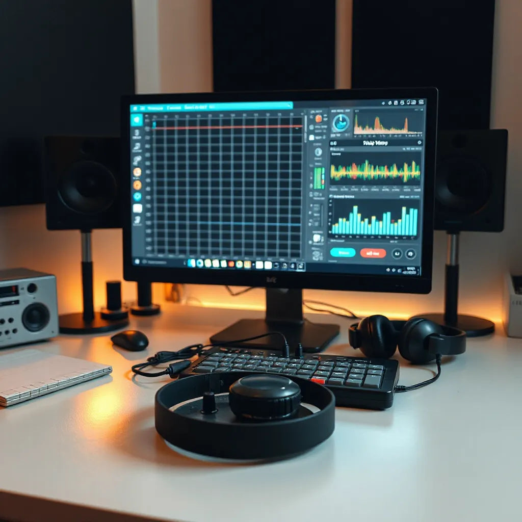 Studio desk with headphones and computer showing drum patterns for building amapiano-style beats
