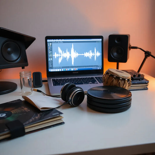 Producer desk with headphones, laptop waveforms, and African percussion instruments for sampling
