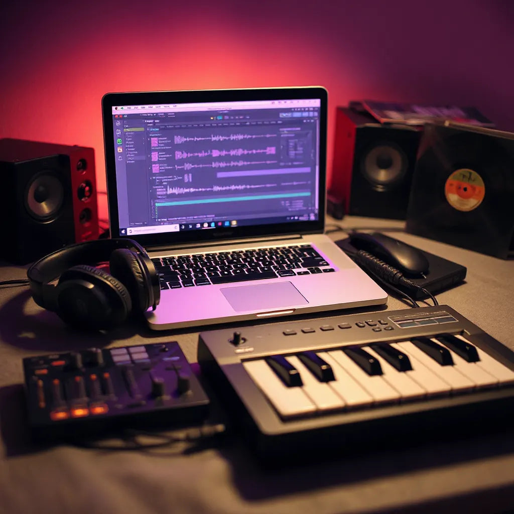 Music producer’s studio setup with laptop, headphones, and MIDI gear for Amapiano-style beatmaking