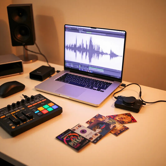 Music producer setup with laptop waveforms, MIDI controller, and colorful sample cards on a desk in warm light