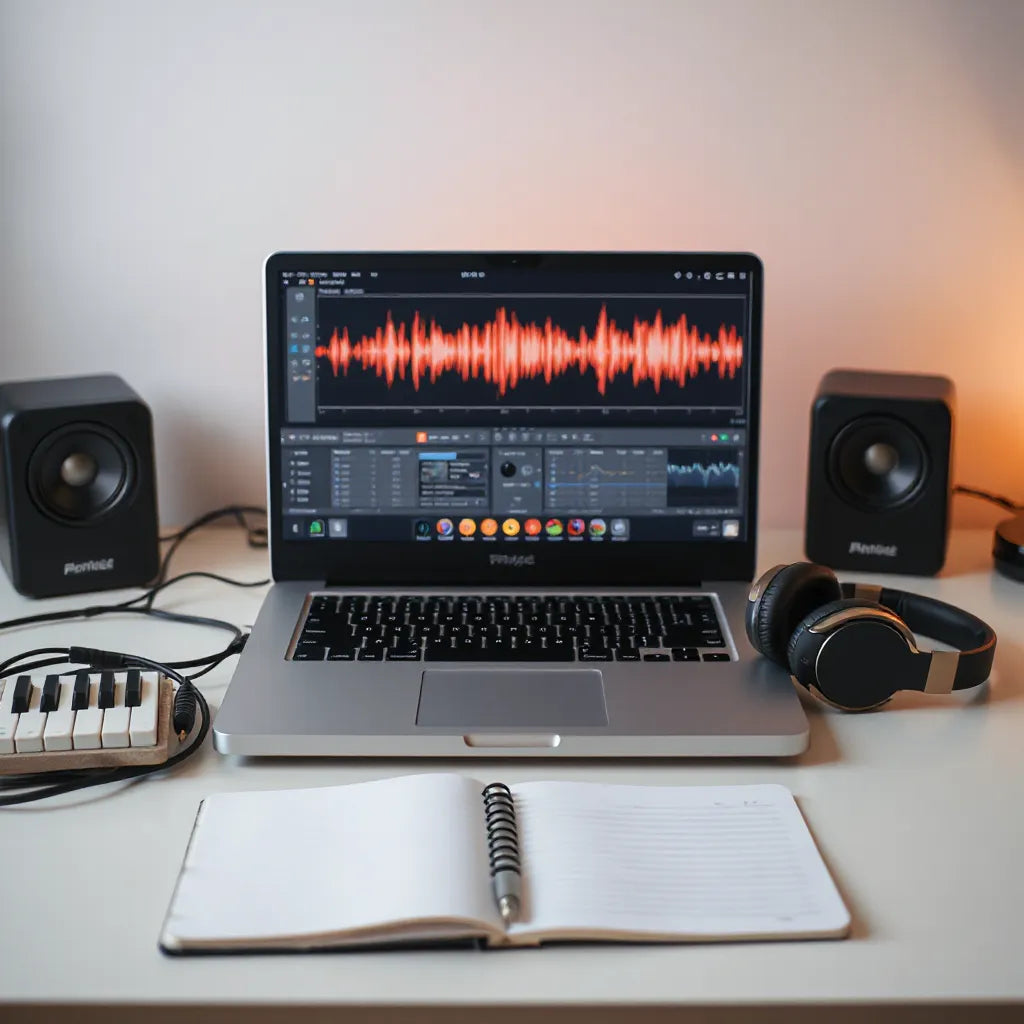 Studio desk with headphones, MIDI keyboard, and laptop showing an audio waveform for creating music resources