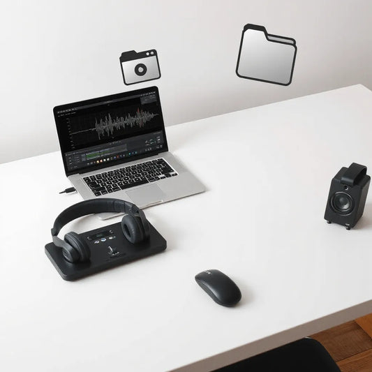 Studio desk with headphones and laptop showing a waveform, suggesting a large sound library for music making