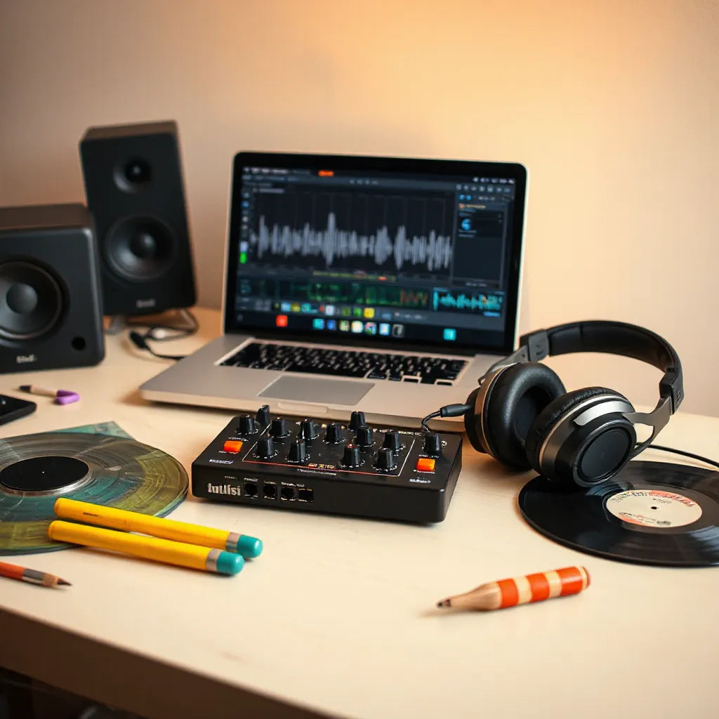 Music production desk with studio headphones, audio gear, and hand percussion instruments for crafting Afrobeats beats