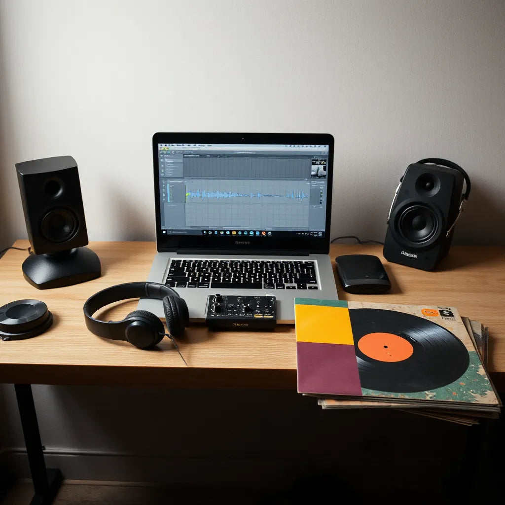 Studio desk with headphones, mixing controller, and vinyl-style music sleeves beside a laptop