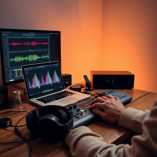 Producer adjusting a MIDI controller in a warm home studio while arranging amapiano-style chords and drum patterns
