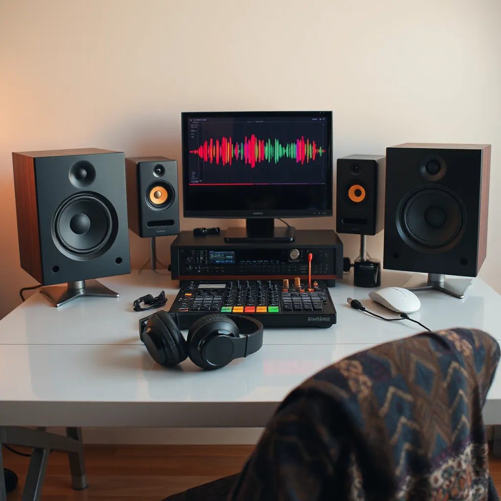 Music studio desk with headphones, MIDI controller, and soft sound-wave reflections in warm light