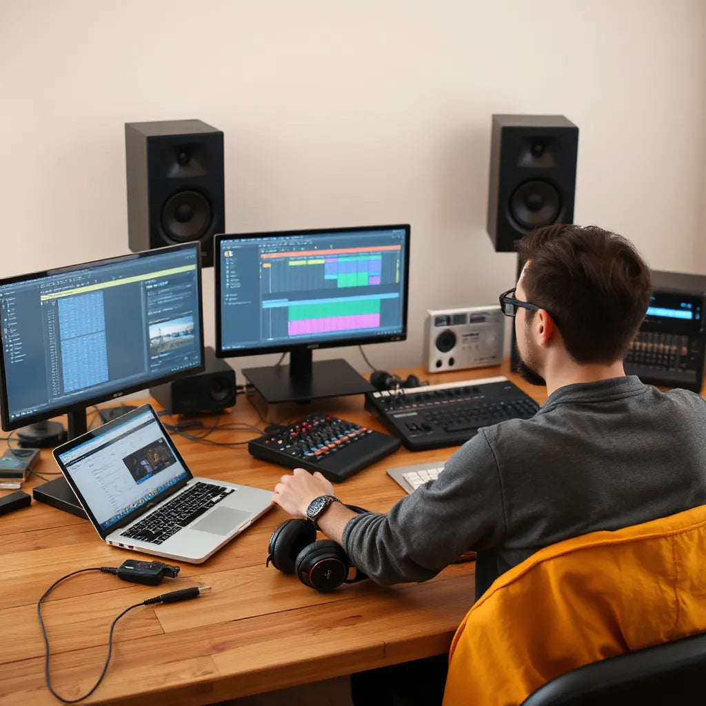 Music producer reviewing a DAW arrangement timeline in a clean studio workspace with headphones and monitors