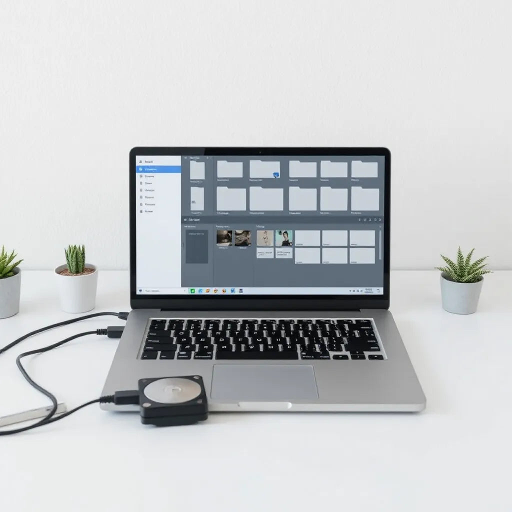 Laptop displaying a tidy folder structure for music production project organization