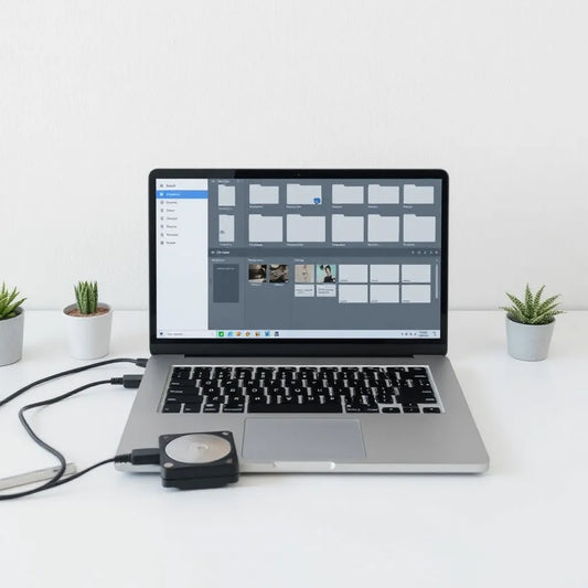 Laptop displaying a tidy folder structure for music production project organization
