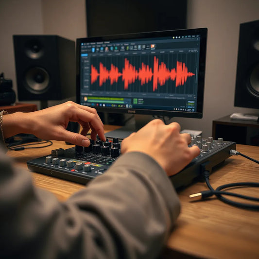 Hands adjusting an audio interface while drum waveform displays glow on a studio monitor
