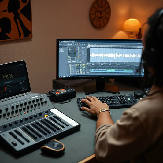 Producer hands adjusting a MIDI controller beside a laptop showing drum grid and waveform in a warm studio
