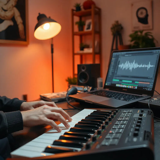 Producer’s hands on a MIDI keyboard in a warm-lit studio with music software visible on a laptop