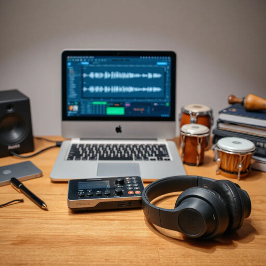 Studio laptop and audio gear with MIDI editing workspace and headphones on the desk