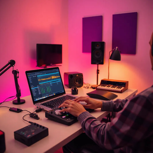 Music producer adjusting levels in a studio with laptop, MIDI controller, and speakers under warm lighting