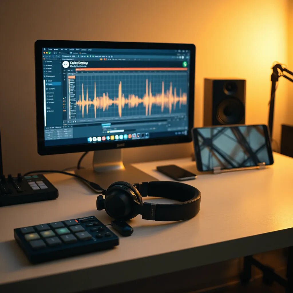 Studio desk with headphones, drum pad, and a computer showing drum-related waveforms