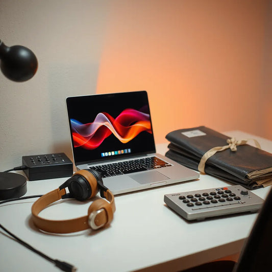 Studio setup with headphones, MIDI controller, and audio sample folders for building Afrobeats tracks