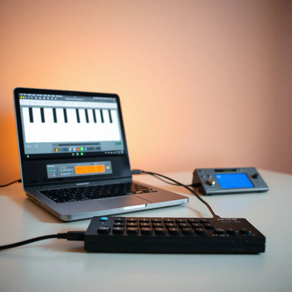 Laptop showing a MIDI piano roll with chord blocks beside a connected MIDI keyboard