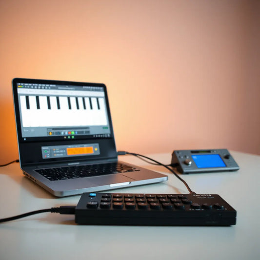 Laptop showing a MIDI piano roll with chord blocks beside a connected MIDI keyboard