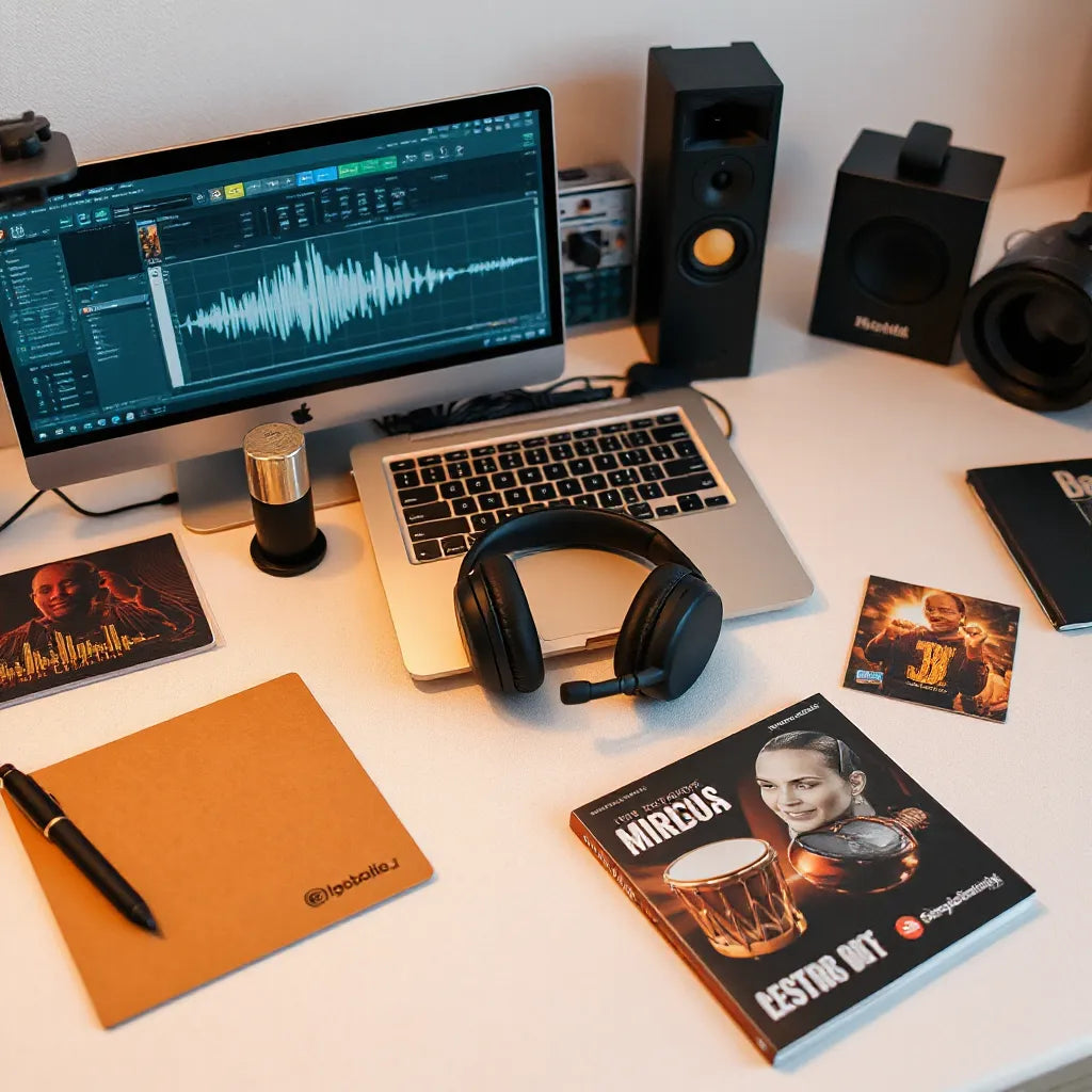 Studio desk with headphones and laptop displaying audio waveforms for building Afrobeats tracks