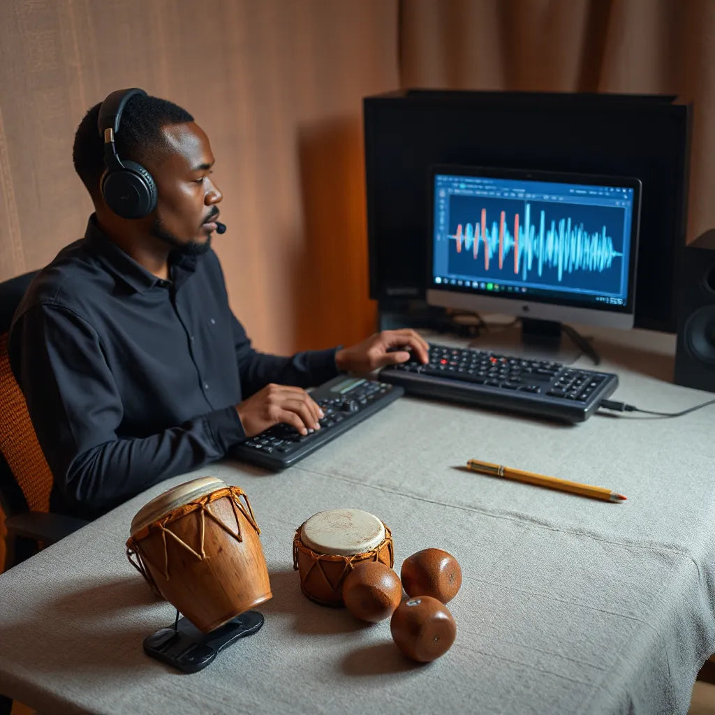 Music producer in a studio with headphones and percussion instruments near an audio workstation