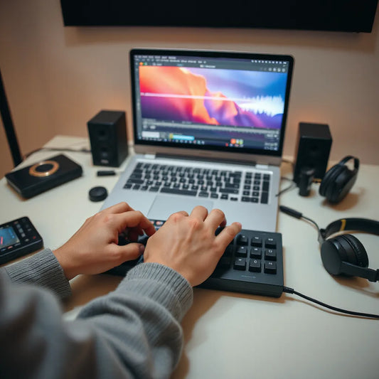 Hands adjusting a drum pad controller and sampler in a studio while rhythm waveforms play on a laptop