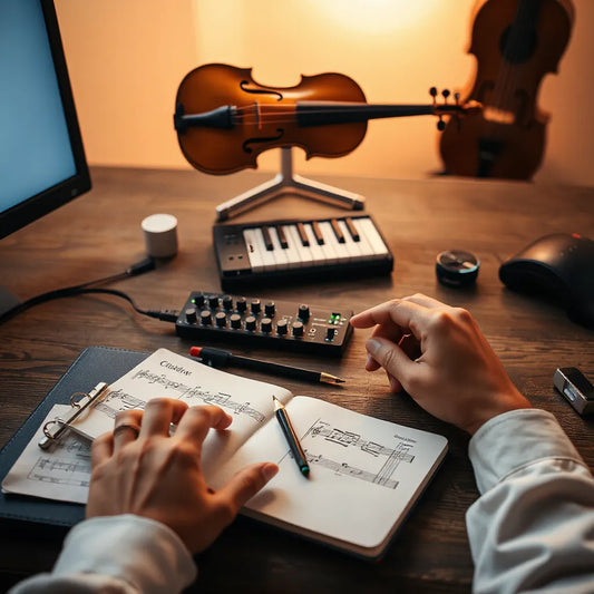 Musician hands over a keyboard with a notebook of musical lines and a softly lit studio setup
