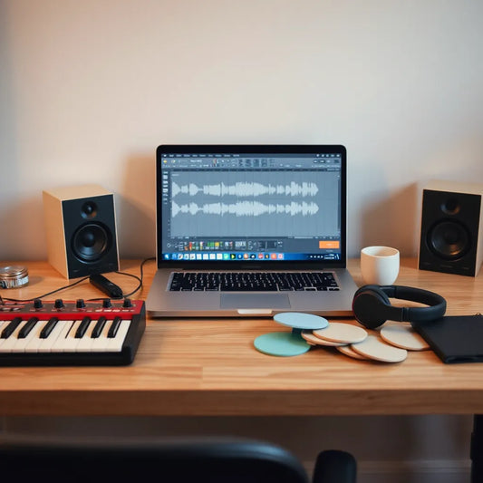 Studio desk with laptop waveforms, MIDI keyboard, and headphones beside drum sample folders