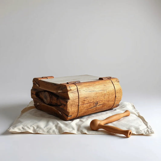 Log drum and mallets on a studio surface with soft lighting and clean, mix-ready ambiance