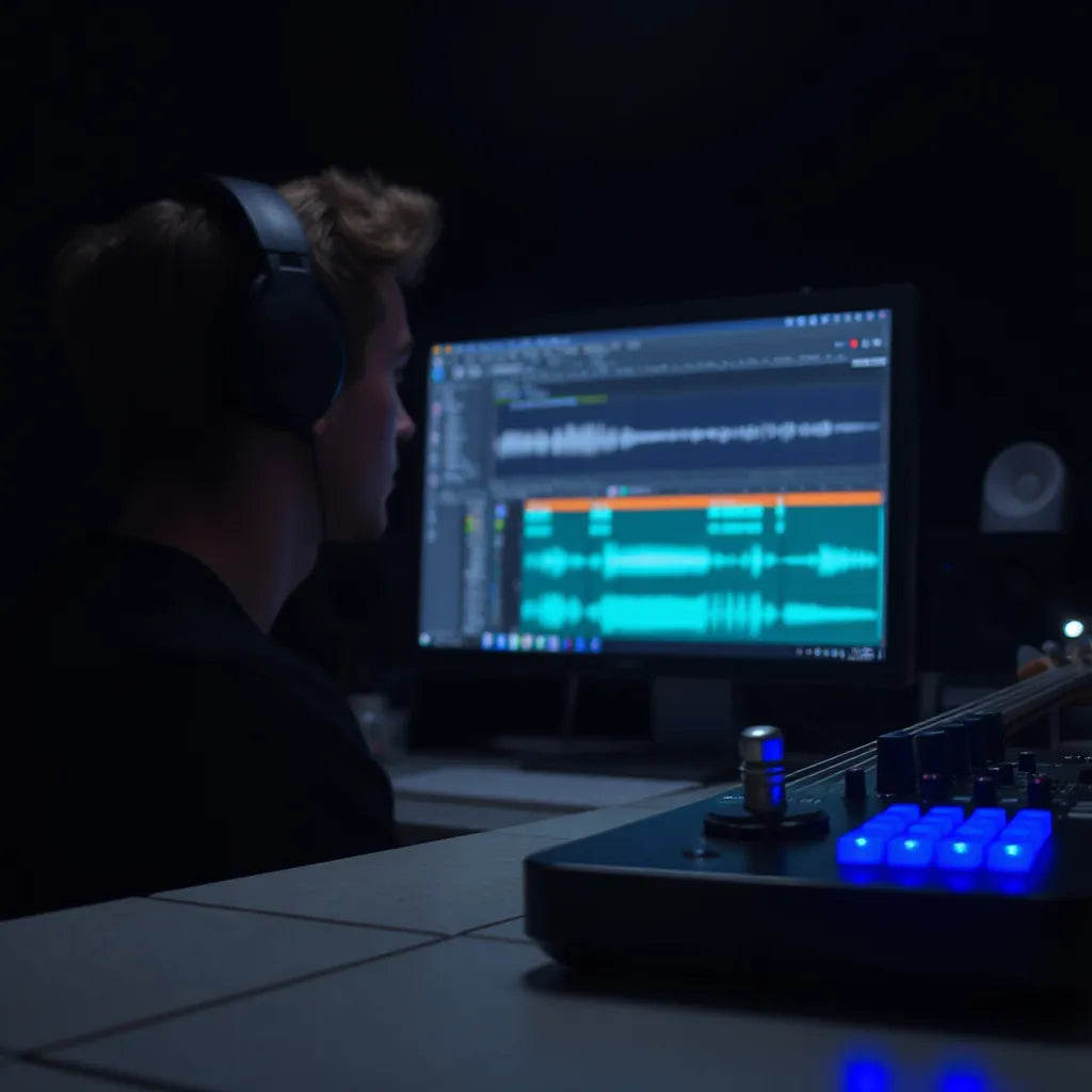Music producer in a studio with a bass synth and computer waveform on the screen