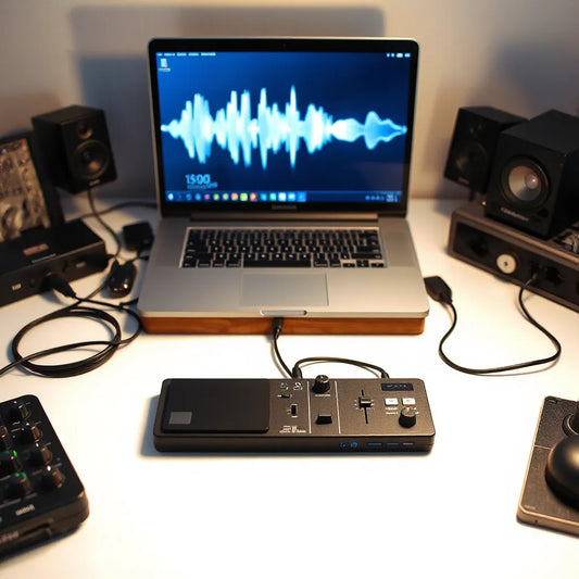 Studio desk with audio interface and laptop showing flowing waveform visualization
