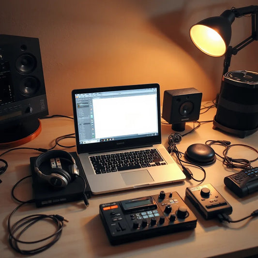 Music production studio setup with laptop, MIDI controller, headphones, and audio gear in warm lighting